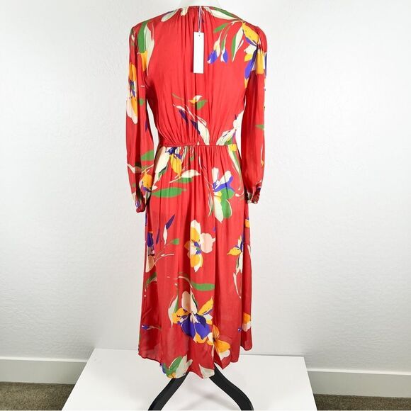 Shoshanna Emanuela Floral Smocked Waist Midi Dress Red Long Sleeve V-Neck 4 NWT - Picture 5 of 16